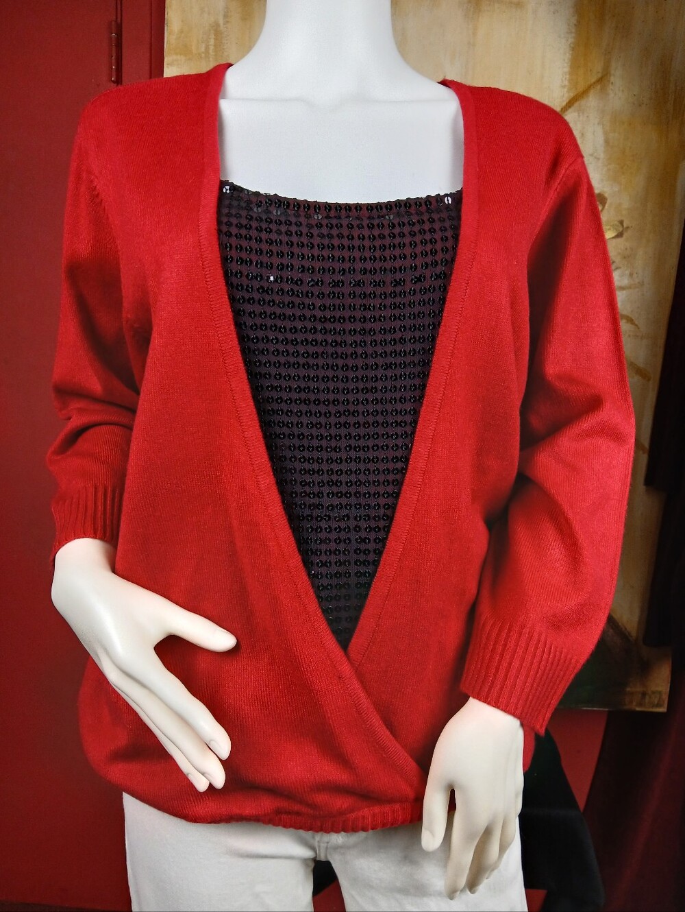 Covington Red Faux Layered Cardigan Sequin Tank Top Knit Sweater Holiday Large